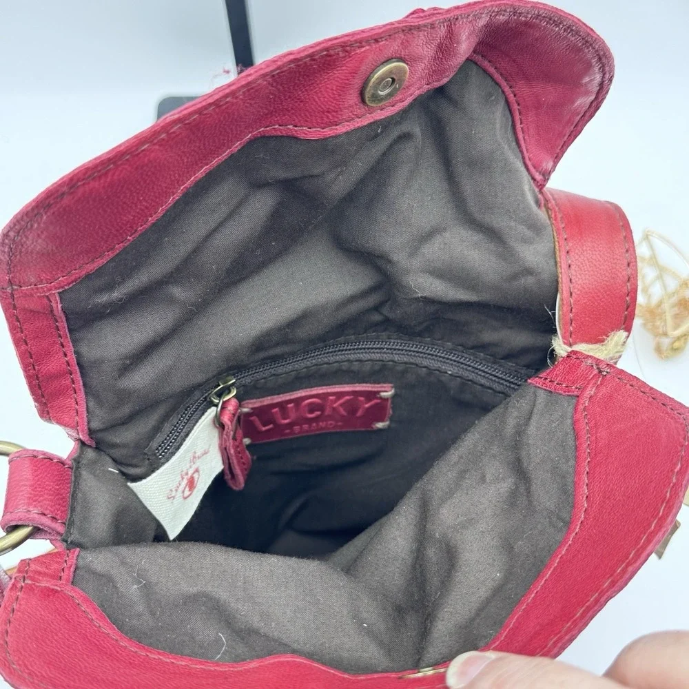 New Lucky Brand Red Boho Bag WhipStitch Lamb Leather Hobo Flap Y2K VTG Crossbody